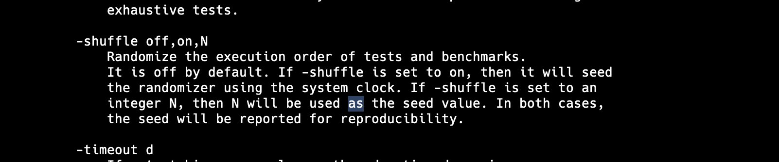 Output from Go docs for the -shuffle flag