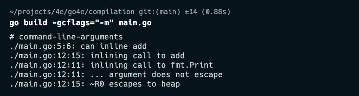 Shows output of a go build command with the -m gcflag