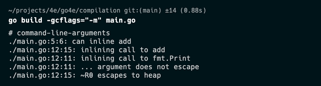 Shows output of a go build command with the -m gcflag